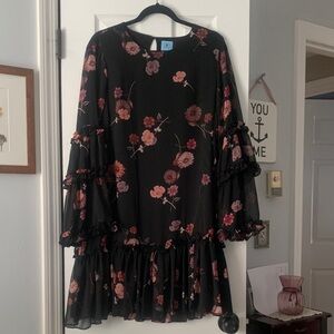 Floral Ruffle Black Dress